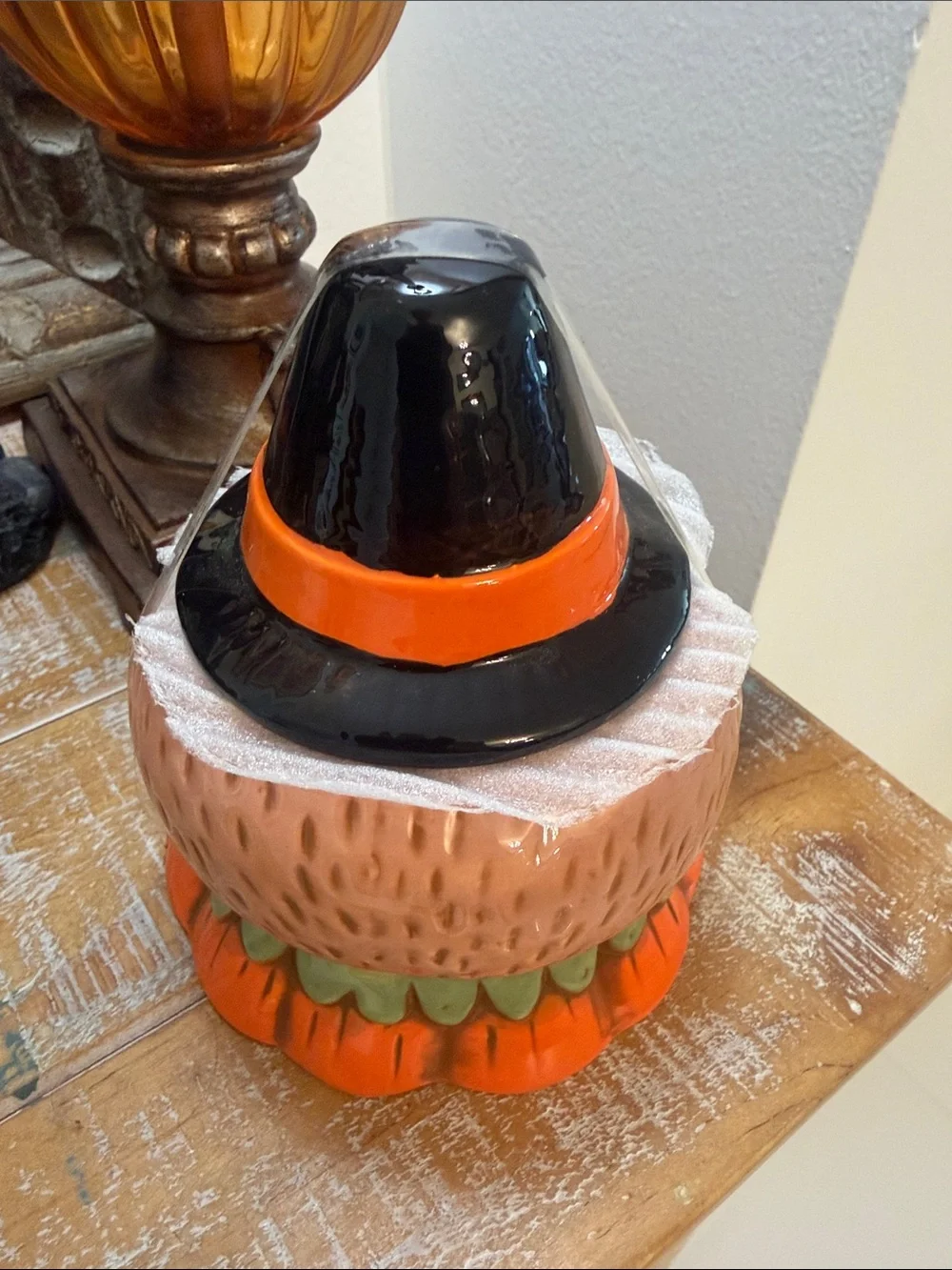 Johanna Parker Orange/Black/Brown Pilgrim Critter Owl Ceramic lidded candy jar